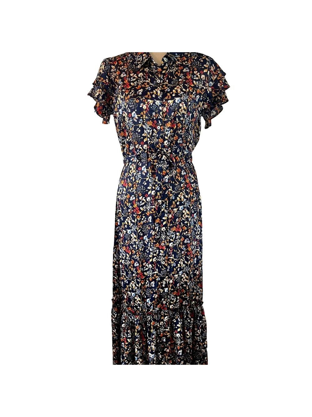 Lovestitch Navy Floral Maxi Dress Flutter Sleeve Button Down Size S Brand New